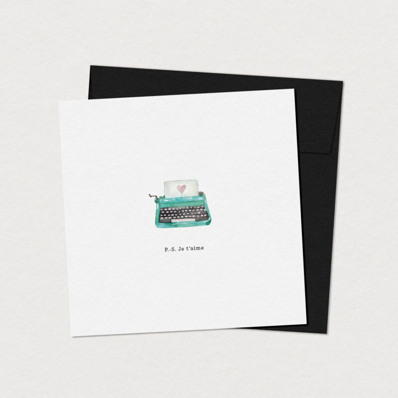 Carte de souhaits P.-S. Je t'aime illustrée d'une machine à écrire turquoise avec une lettre ornée d'un cœur. L'illustration est accompagnée du texte « P.-S. Je t'aime », création Mimosa Design.