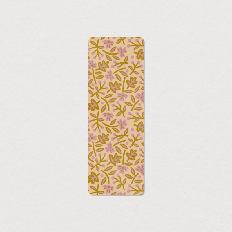 Signet Fleur de papier à motif floral composé de petites fleurs roses et de feuillage ocre sur fond pêche, création Mimosa Design.