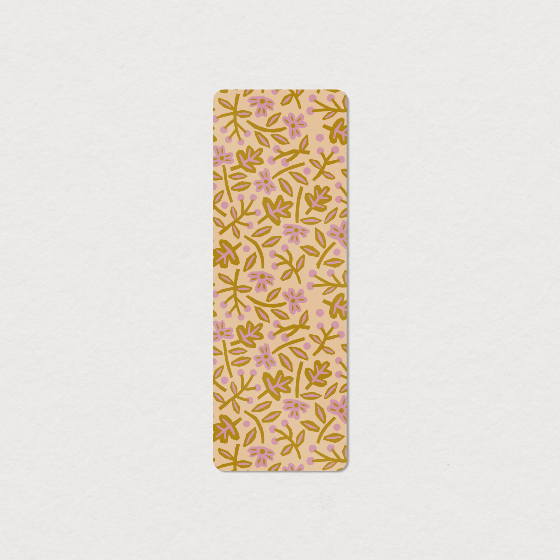 Signet Fleur de papier à motif floral composé de petites fleurs roses et de feuillage ocre sur fond pêche, création Mimosa Design.