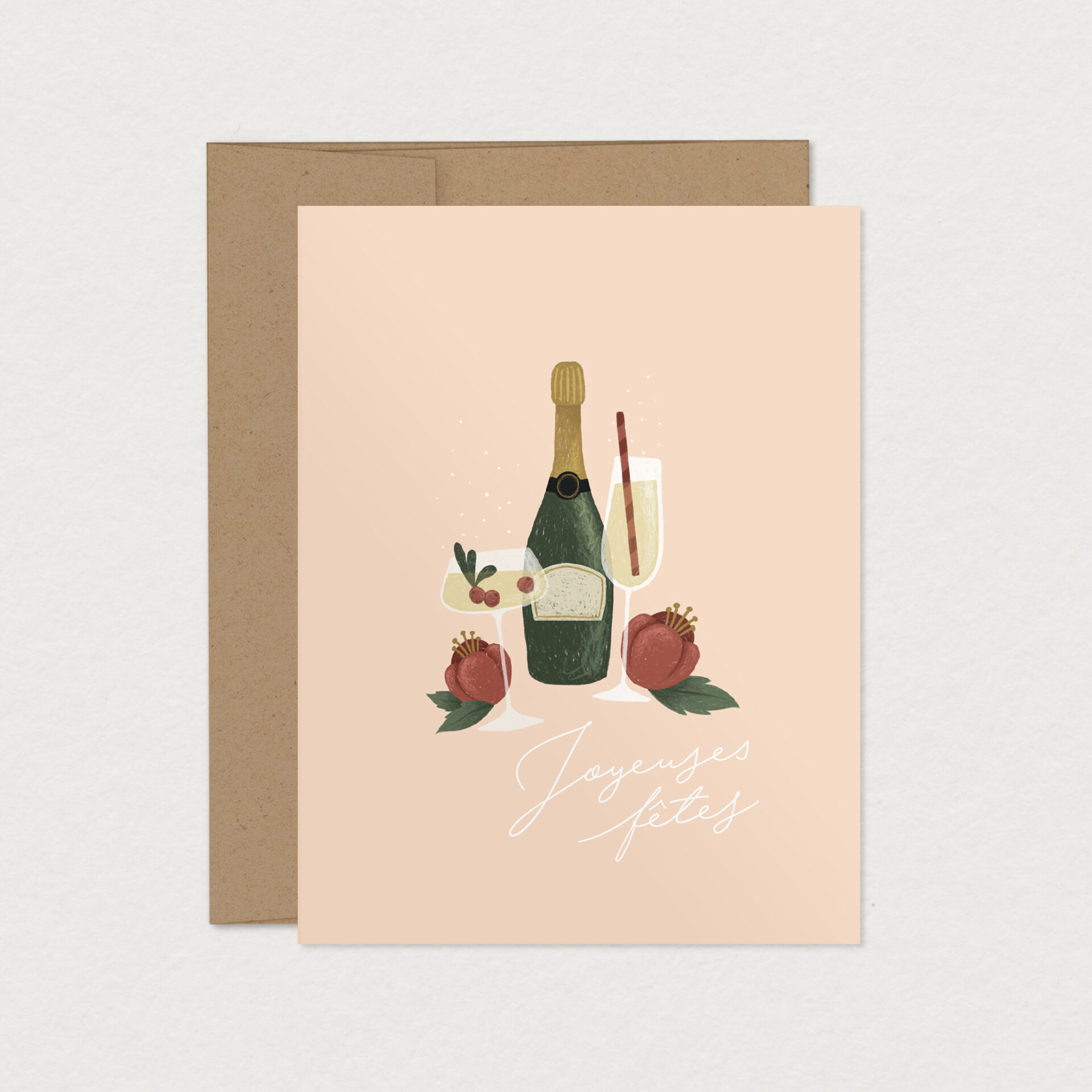 Carte de souhaits Bulles festives illustrée d'une bouteille de champagne et de coupes pétillantes, idéale pour célébrer un mariage, un anniversaire ou toute occasion festive, création Mimosa Design.