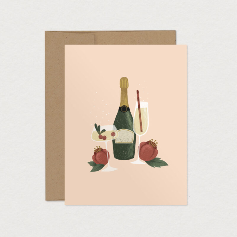 Carte de souhaits Bulles festives illustrée d'une bouteille de champagne et de coupes pétillantes, idéale pour célébrer un mariage, un anniversaire ou toute occasion festive, création Mimosa Design.