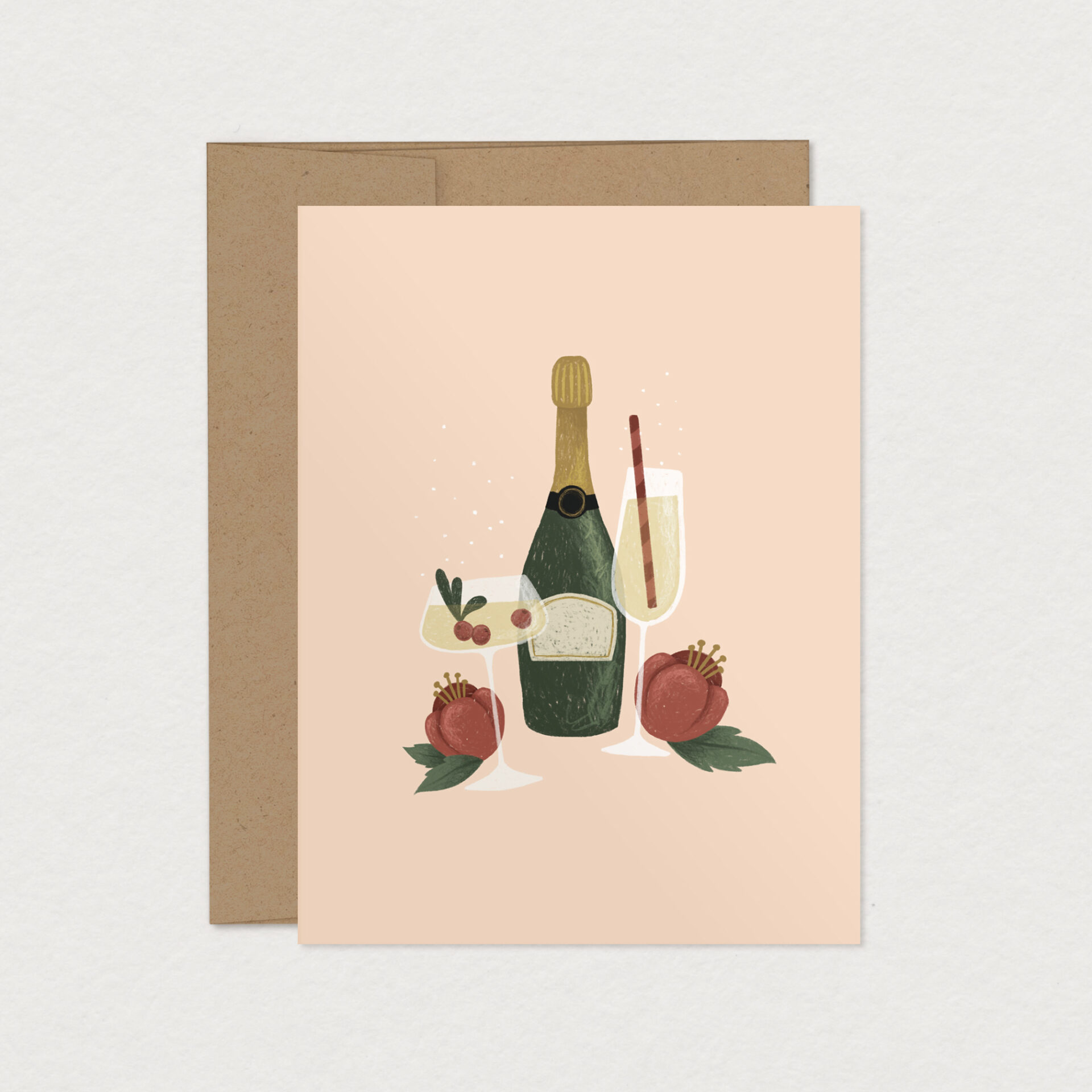 Carte de souhaits Bulles festives illustrée d'une bouteille de champagne et de coupes pétillantes, idéale pour célébrer un mariage, un anniversaire ou toute occasion festive, création Mimosa Design.