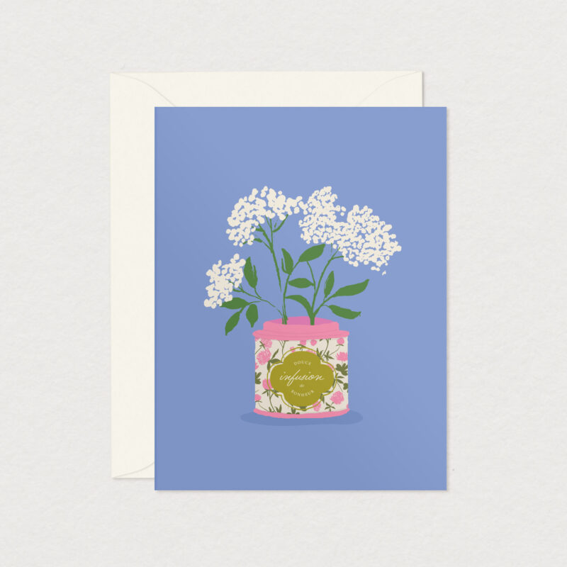 Carte de souhaits illustrée représentant un bouquet de fleurs blanches dans une boîte décorative sur fond bleu