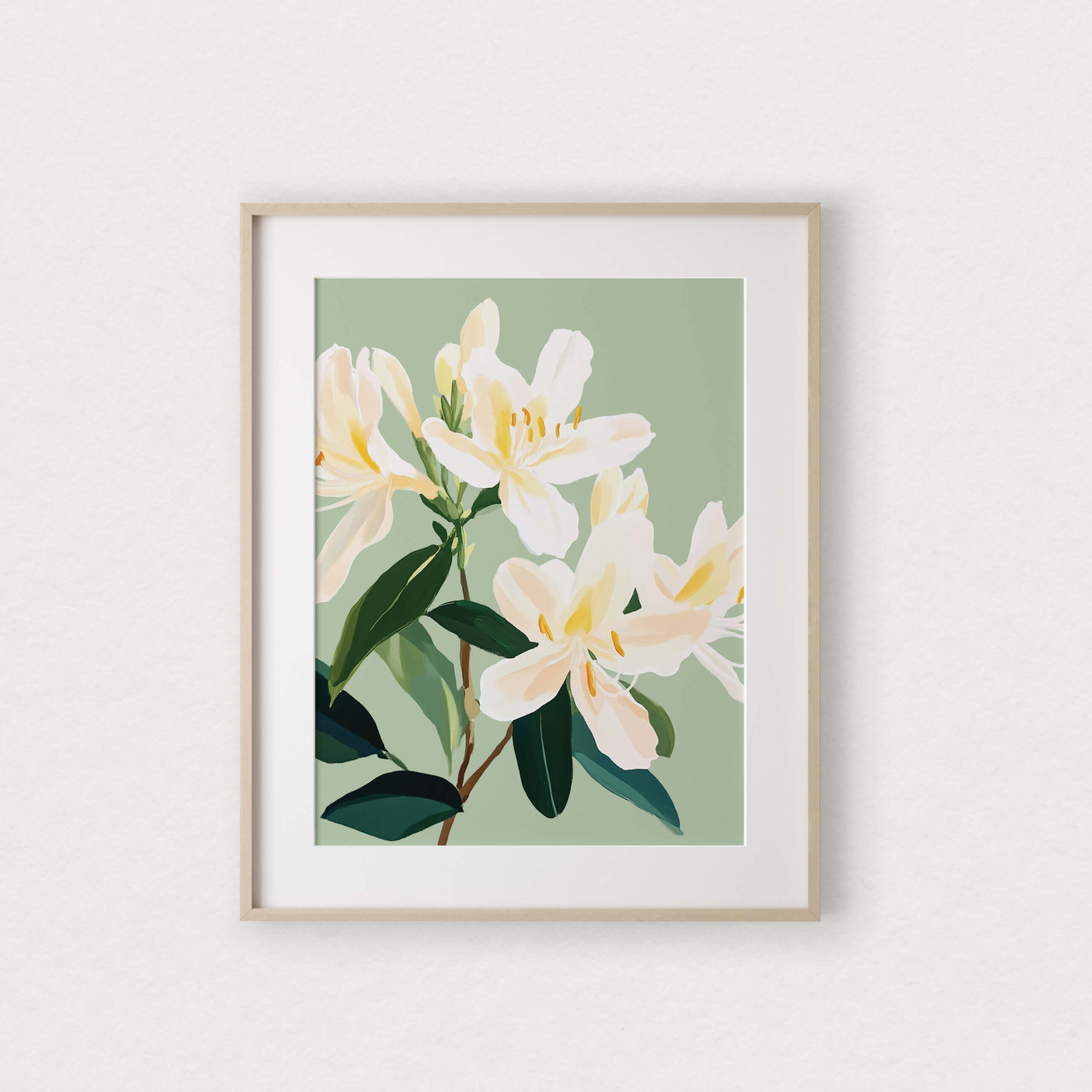 Affiche murale Rachel illustrant de grandes fleurs blanches de lys sur fond vert sauge, présentée dans un cadre en bois naturel.