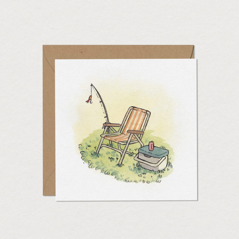 Carte de souhaits pour amateur de pêche illustrée d’une chaise de camping, d’une canne à pêche et d’une glacière