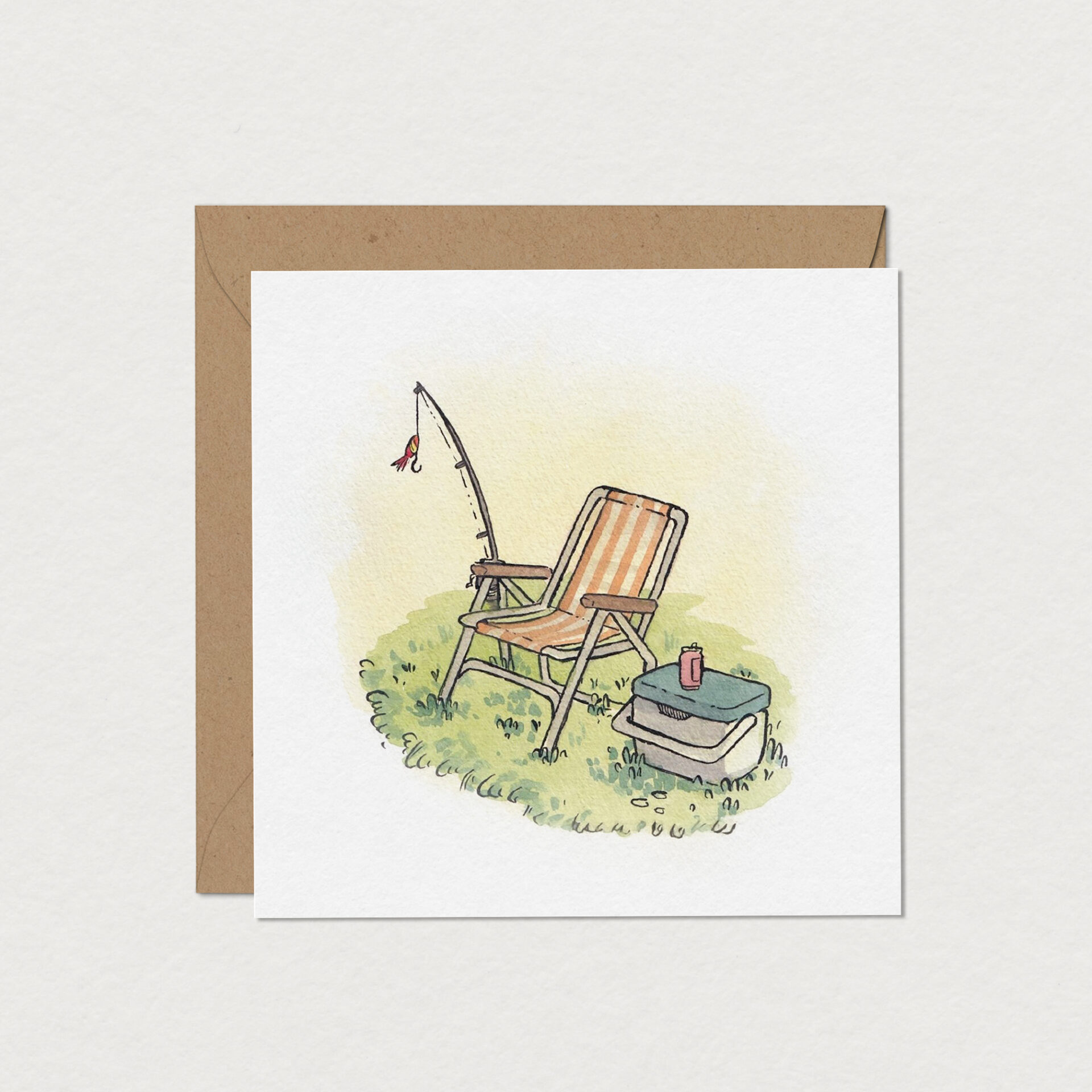 Carte de souhaits pour amateur de pêche illustrée d’une chaise de camping, d’une canne à pêche et d’une glacière