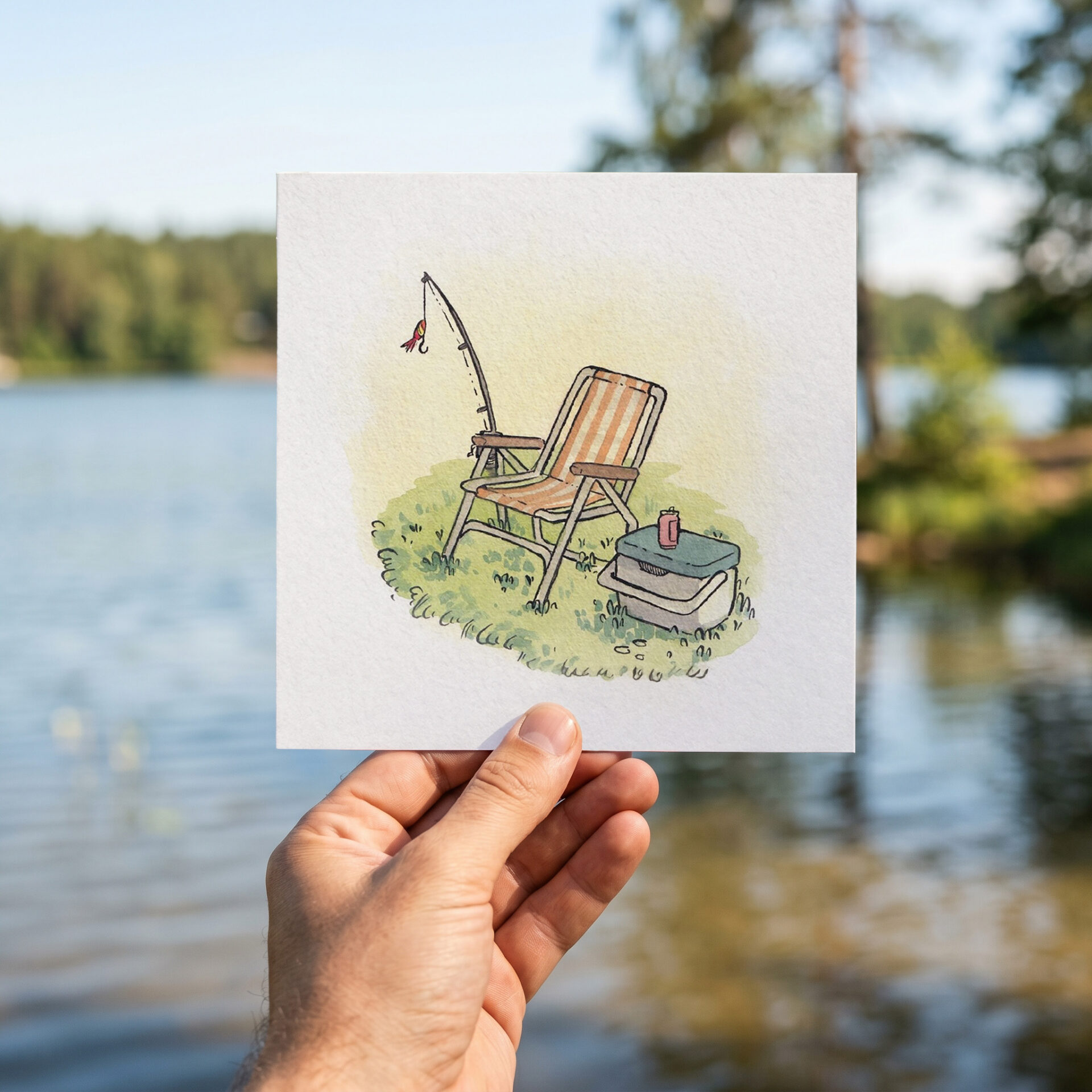 Carte de souhaits illustrée Mimosa Design sur le thème de la pêche et du plein air, tenue à la main devant un lac.