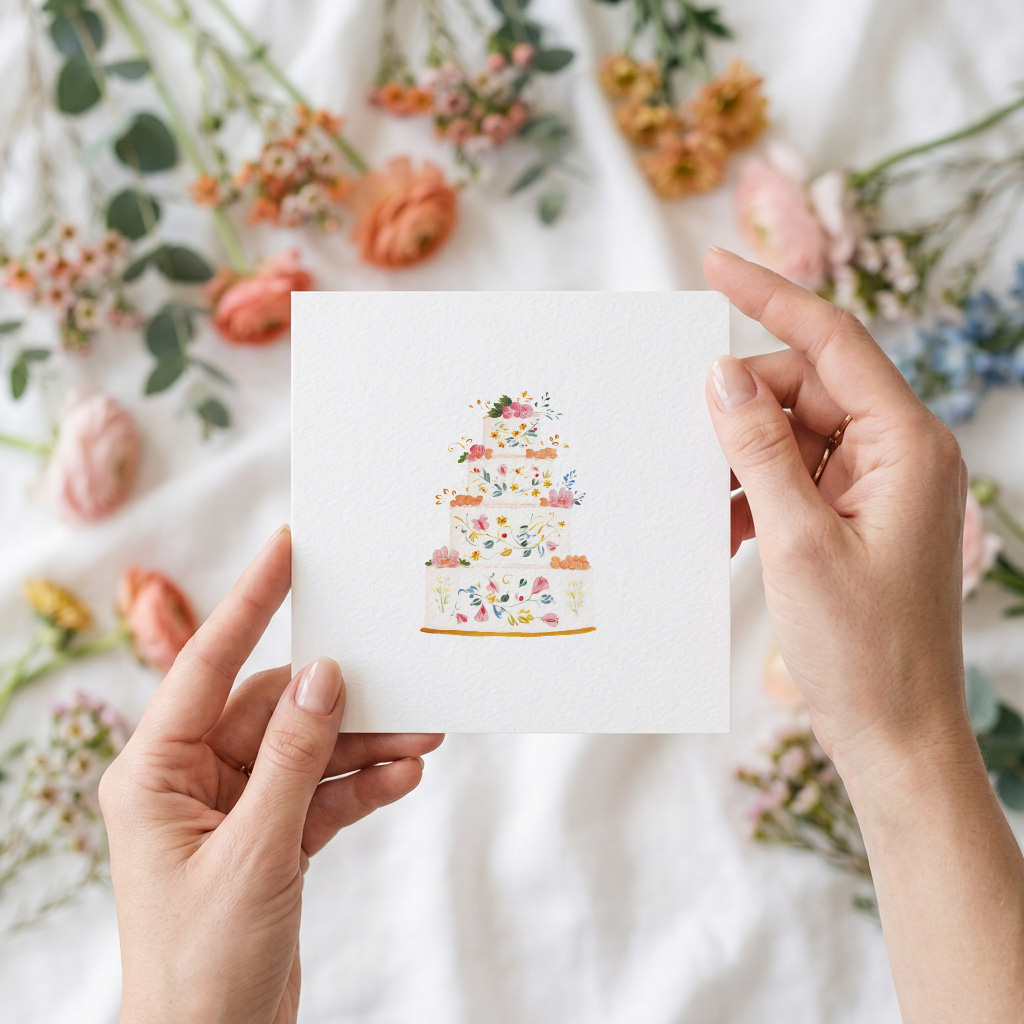 Carte de souhaits Mimosa Design illustrée d’un gâteau fleuri, tenue à la main dans un décor de fleurs colorées.